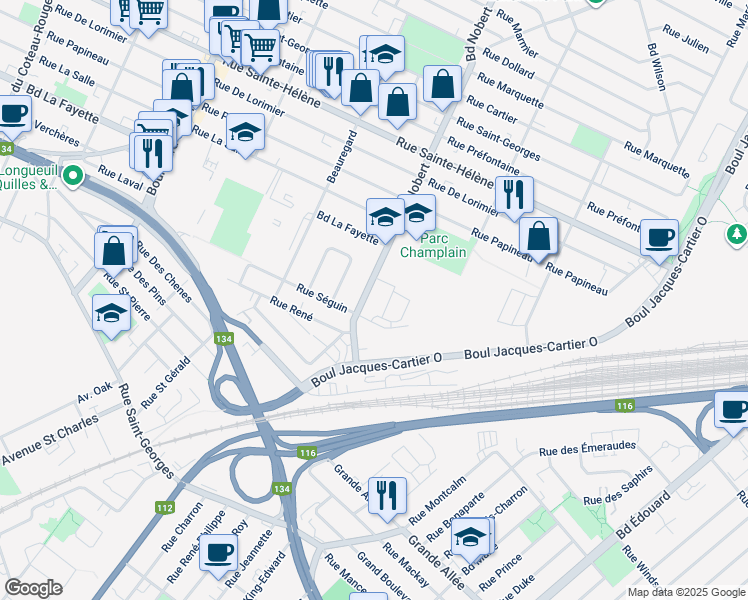 map of restaurants, bars, coffee shops, grocery stores, and more near 1340 Boulevard Nobert in Longueuil