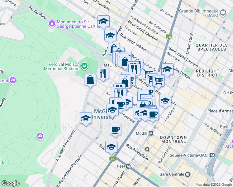 map of restaurants, bars, coffee shops, grocery stores, and more near 3544A Rue Aylmer in Montréal