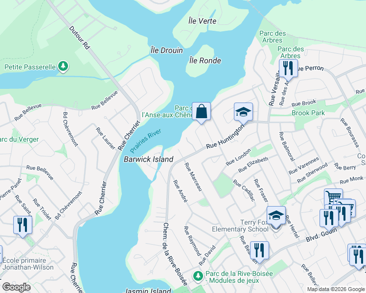map of restaurants, bars, coffee shops, grocery stores, and more near 13495 Rue Huntington in Montréal
