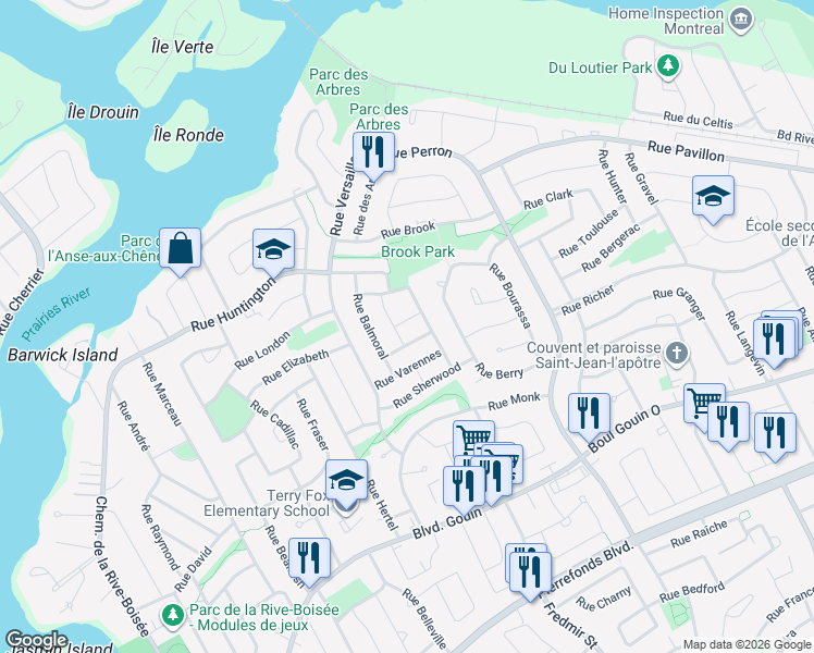 map of restaurants, bars, coffee shops, grocery stores, and more near 13104 Rue Laurier in Montréal