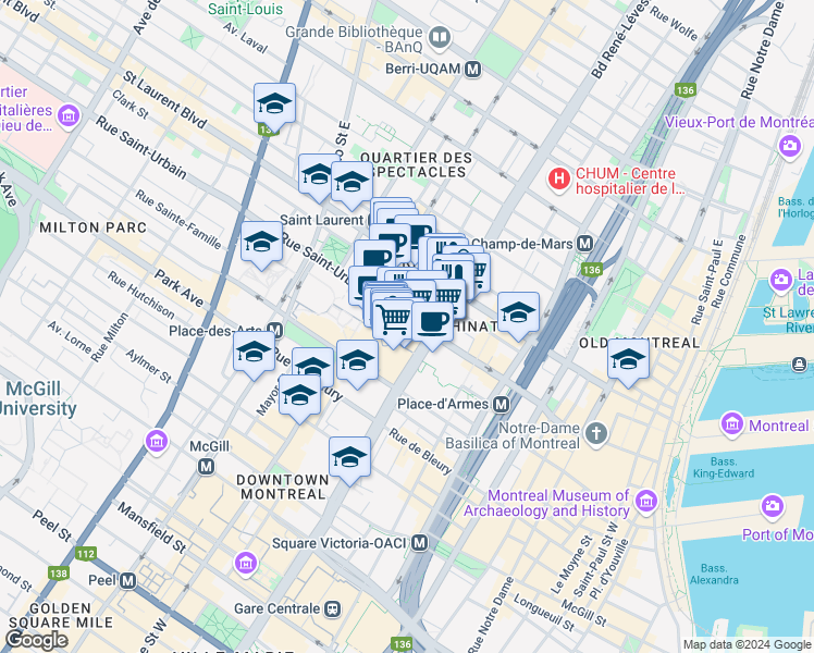 map of restaurants, bars, coffee shops, grocery stores, and more near 1250 Rue Saint-Urbain in Montréal