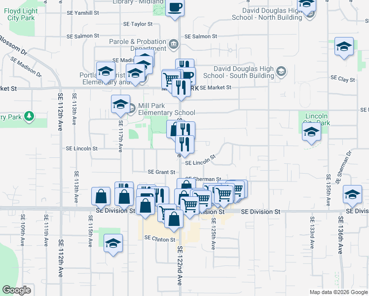 map of restaurants, bars, coffee shops, grocery stores, and more near 2056 Southeast 122nd Avenue in Portland