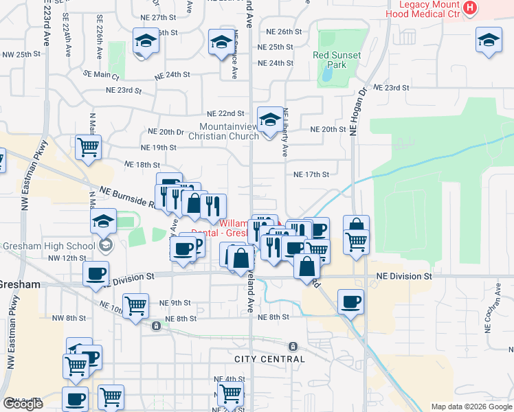 map of restaurants, bars, coffee shops, grocery stores, and more near 1530 Northeast Cleveland Avenue in Gresham