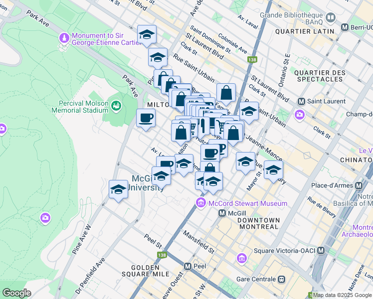 map of restaurants, bars, coffee shops, grocery stores, and more near 3488 Rue Durocher in Montréal