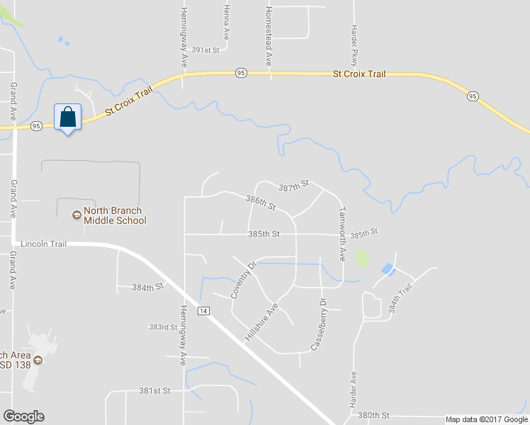 map of restaurants, bars, coffee shops, grocery stores, and more near 7535 386th Street in North Branch