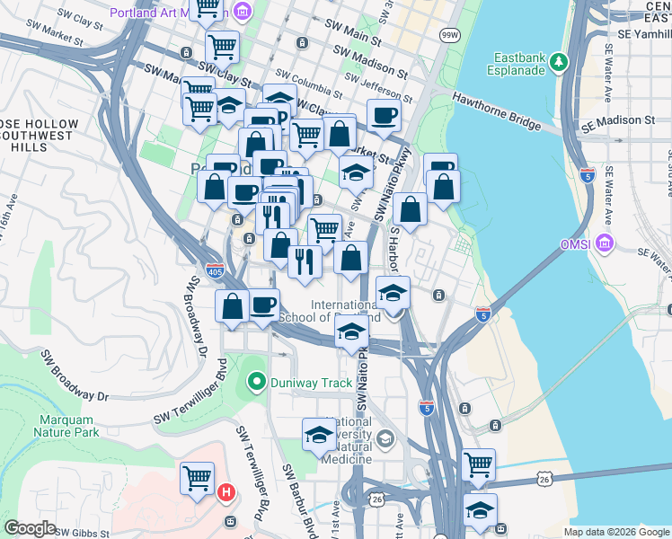 map of restaurants, bars, coffee shops, grocery stores, and more near 2051 Southwest 1st Avenue in Portland