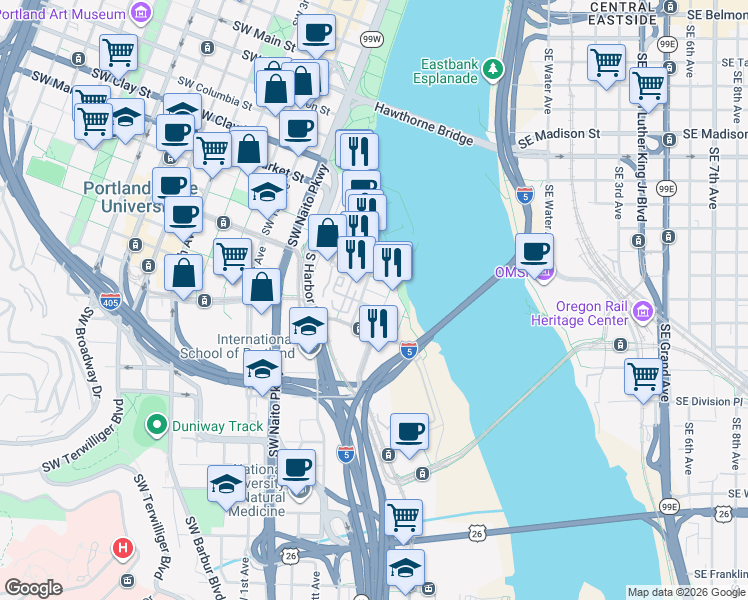 map of restaurants, bars, coffee shops, grocery stores, and more near 1930 Southwest River Square in Portland