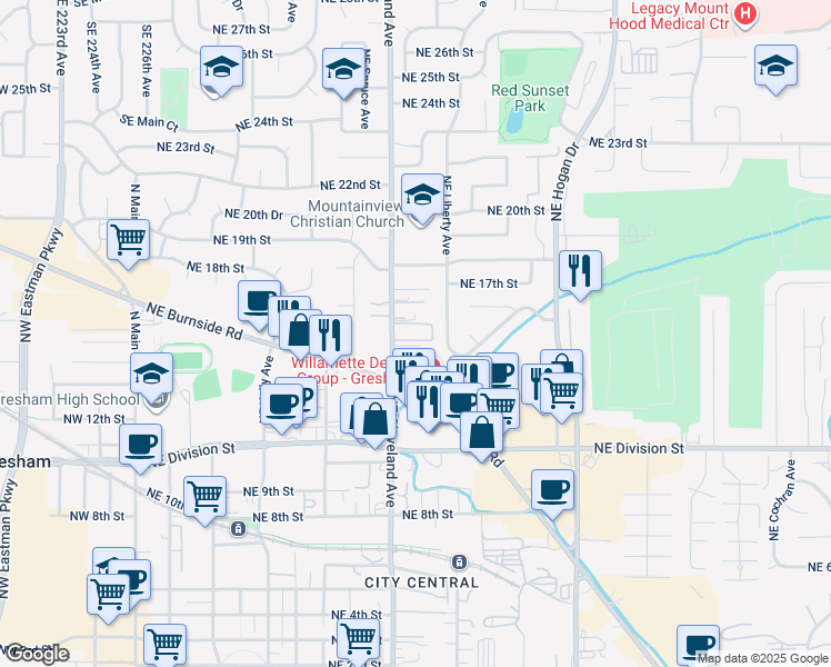 map of restaurants, bars, coffee shops, grocery stores, and more near 1244 Northeast 16th Street in Gresham