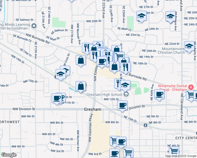 map of restaurants, bars, coffee shops, grocery stores, and more near 320 Northwest Burnside Road in Gresham