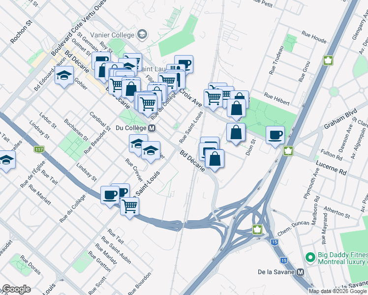 map of restaurants, bars, coffee shops, grocery stores, and more near 375 Boulevard Décarie in Montréal