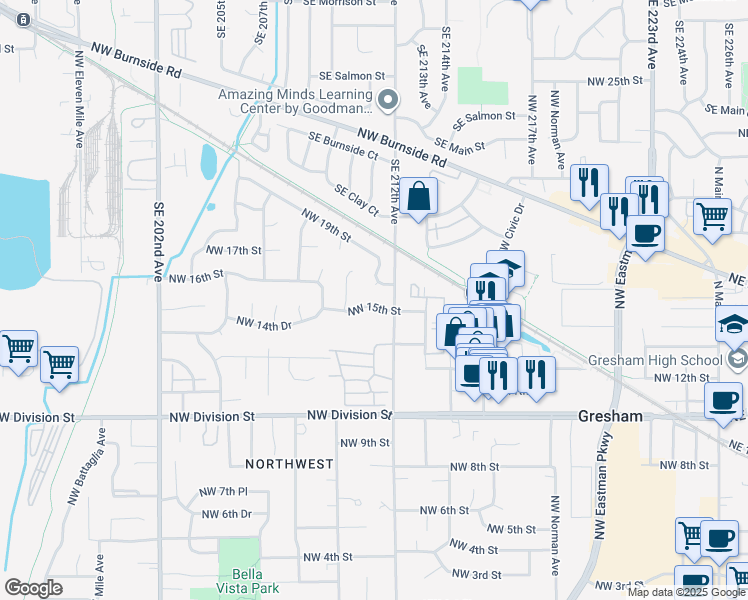 map of restaurants, bars, coffee shops, grocery stores, and more near 1622 Northwest Towle Terrace in Gresham