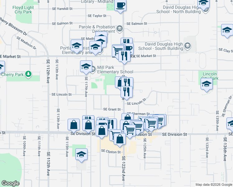 map of restaurants, bars, coffee shops, grocery stores, and more near 12101 Southeast Lincoln Street in Portland