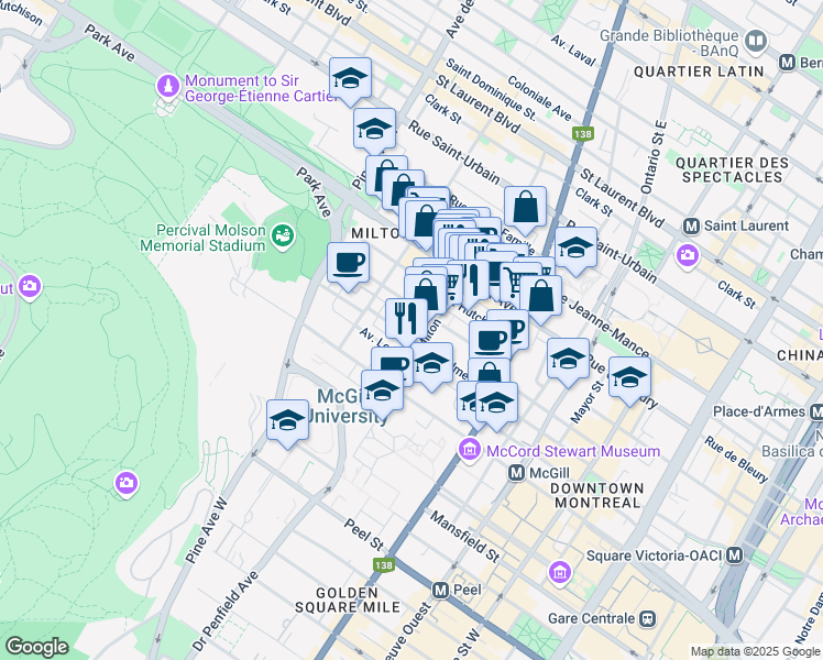 map of restaurants, bars, coffee shops, grocery stores, and more near 3525 Rue Aylmer in Montréal