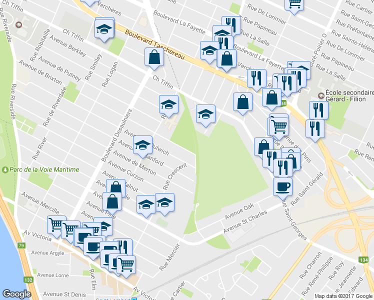 map of restaurants, bars, coffee shops, grocery stores, and more near 581 Avenue de Brixton in Saint-Lambert