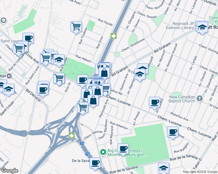 map of restaurants, bars, coffee shops, grocery stores, and more near 585 Avenue Glengarry in Mont-Royal