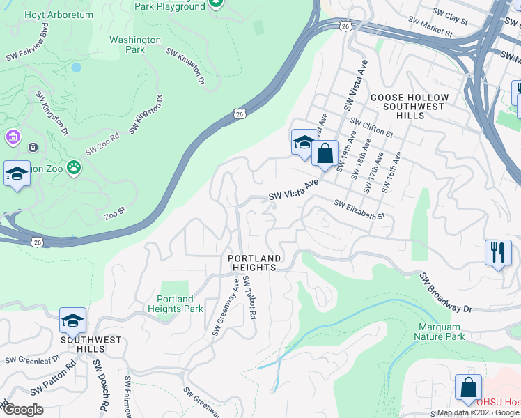 map of restaurants, bars, coffee shops, grocery stores, and more near 2515 Southwest Hillcrest Drive in Portland