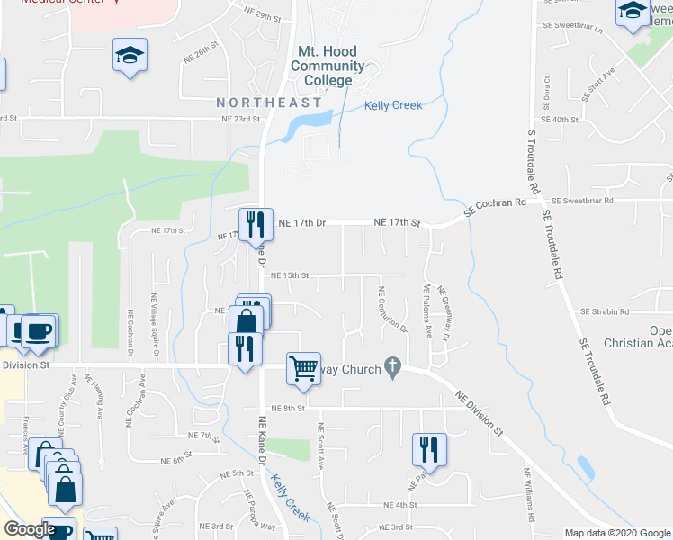 map of restaurants, bars, coffee shops, grocery stores, and more near 3500 Northeast 17th Street in Gresham