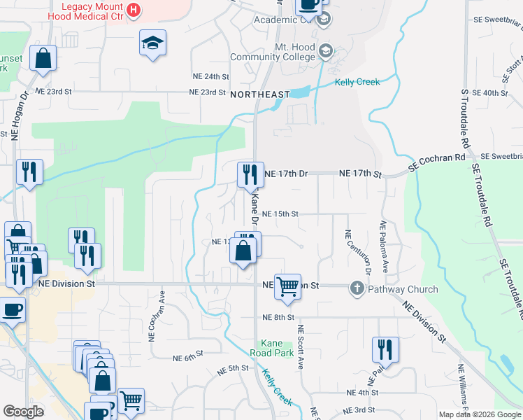 map of restaurants, bars, coffee shops, grocery stores, and more near 1555 Northeast Kane Drive in Gresham