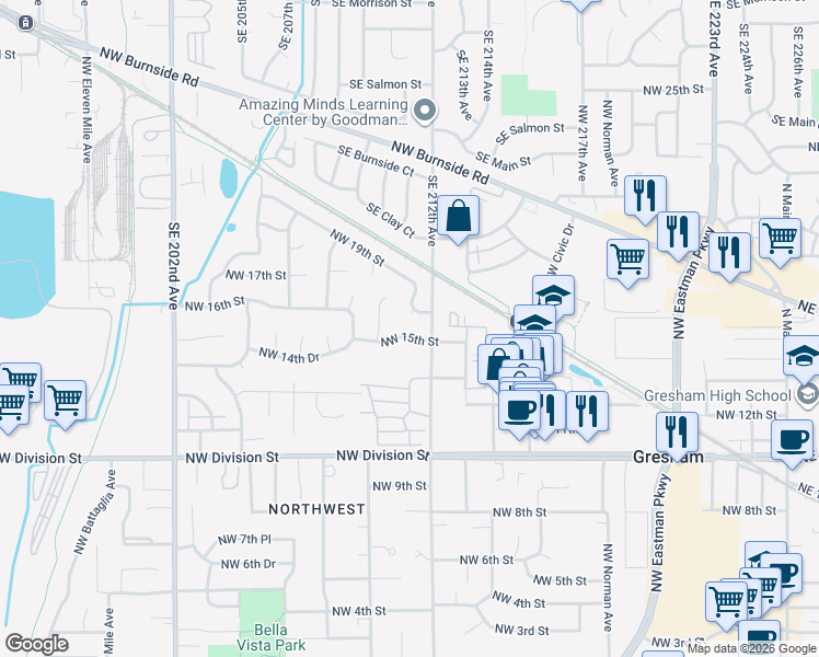 map of restaurants, bars, coffee shops, grocery stores, and more near 1622 Northwest Towle Terrace in Gresham
