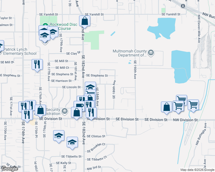 map of restaurants, bars, coffee shops, grocery stores, and more near 18521 Southeast Lincoln Street in Portland