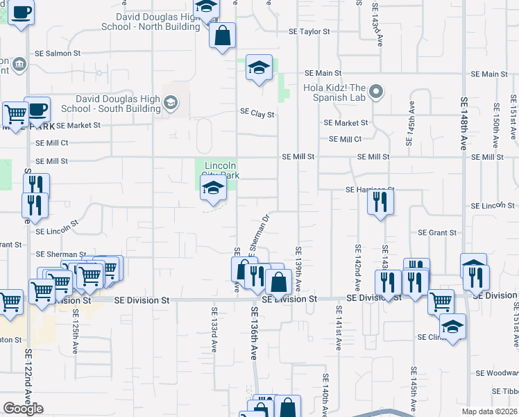 map of restaurants, bars, coffee shops, grocery stores, and more near 13703 Southeast Harrison Court in Portland