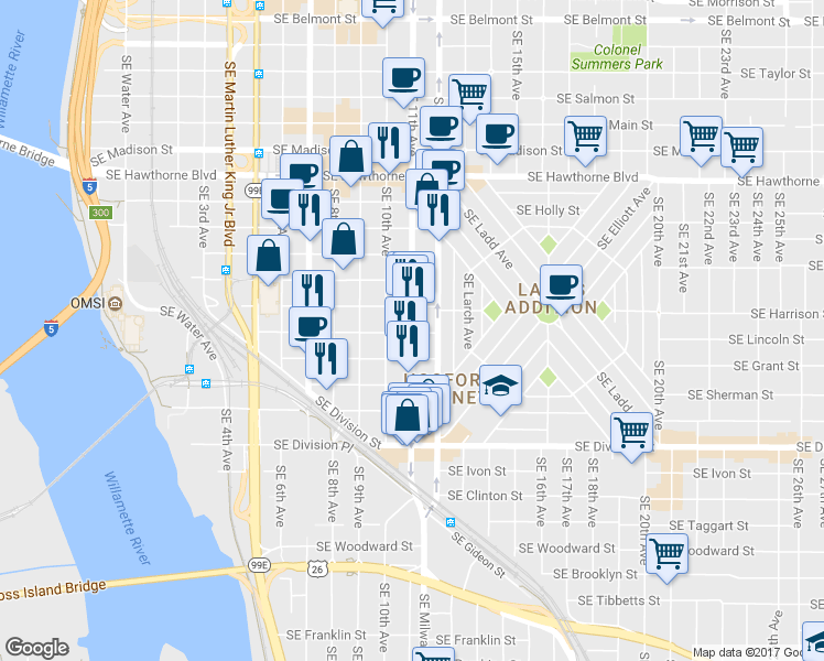 map of restaurants, bars, coffee shops, grocery stores, and more near 1026 Southeast Harrison Street in Portland