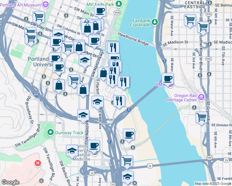 map of restaurants, bars, coffee shops, grocery stores, and more near 1816 South River Drive in Portland