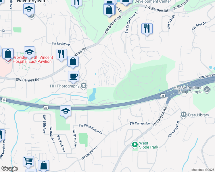 map of restaurants, bars, coffee shops, grocery stores, and more near 7734 Southwest Barnes Road in Portland