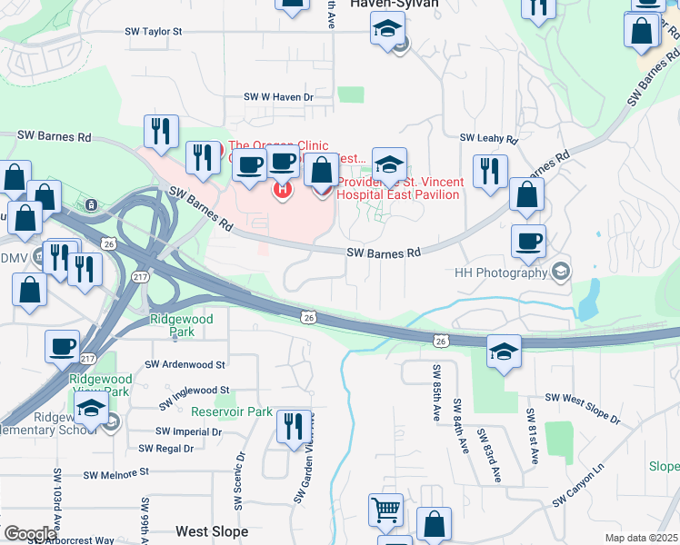 map of restaurants, bars, coffee shops, grocery stores, and more near 8920 Southwest Barnes Road in Portland
