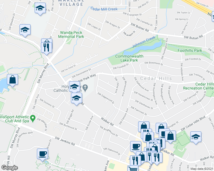 map of restaurants, bars, coffee shops, grocery stores, and more near 13355 Southwest Havencrest Street in Beaverton