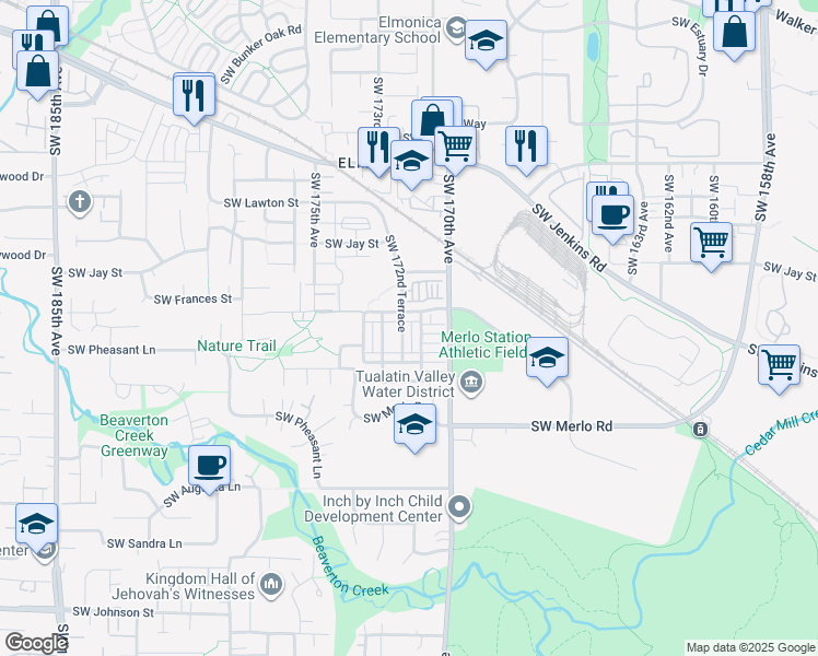 map of restaurants, bars, coffee shops, grocery stores, and more near 1602 Southwest 171st Terrace in Beaverton