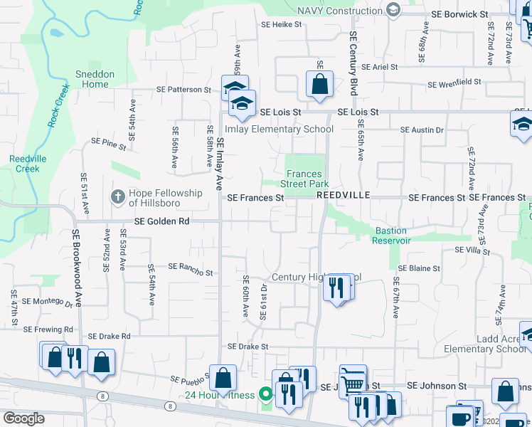 map of restaurants, bars, coffee shops, grocery stores, and more near 1532 Southeast 60th Court in Hillsboro