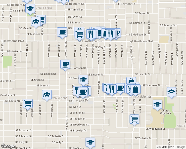 map of restaurants, bars, coffee shops, grocery stores, and more near SE Lincoln St & SE 43rd Ave in Portland