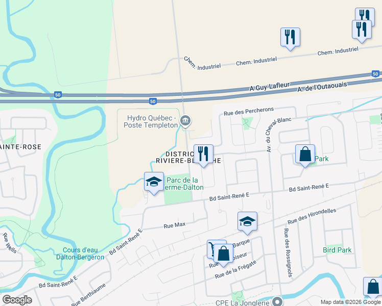 map of restaurants, bars, coffee shops, grocery stores, and more near 252 Montée Dalton in Gatineau