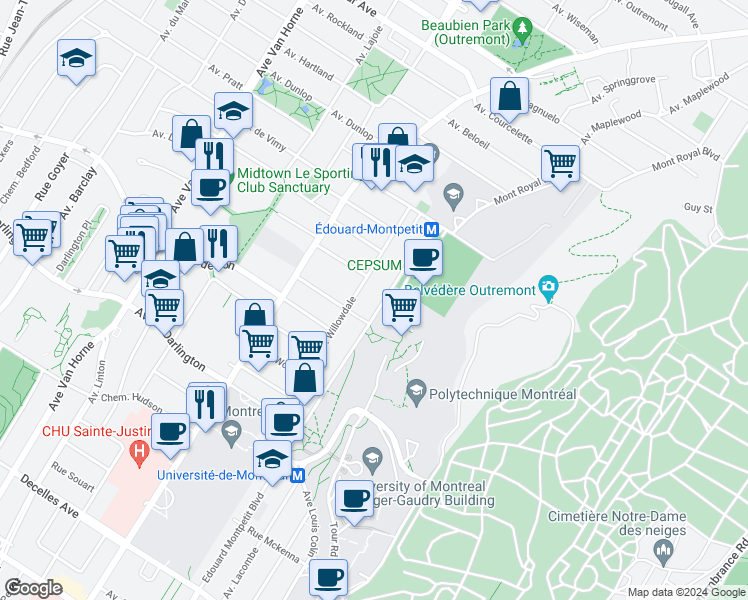 map of restaurants, bars, coffee shops, grocery stores, and more near 2211 Edouard Montpetit Boulevard in Montreal