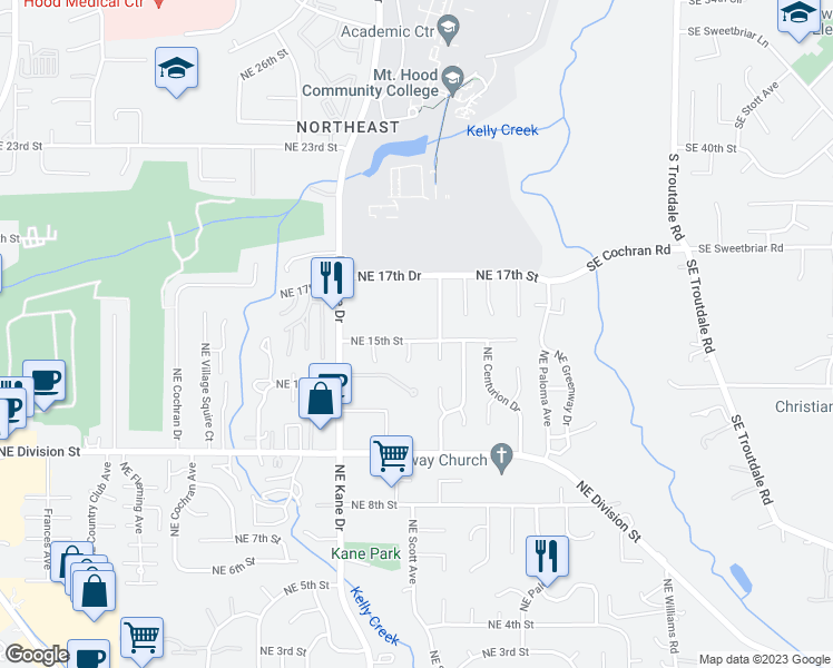 map of restaurants, bars, coffee shops, grocery stores, and more near 3533 Northeast 15th Street in Gresham