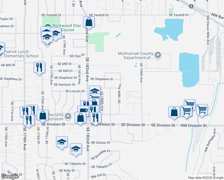 map of restaurants, bars, coffee shops, grocery stores, and more near 2012 Southeast 185th Avenue in Portland