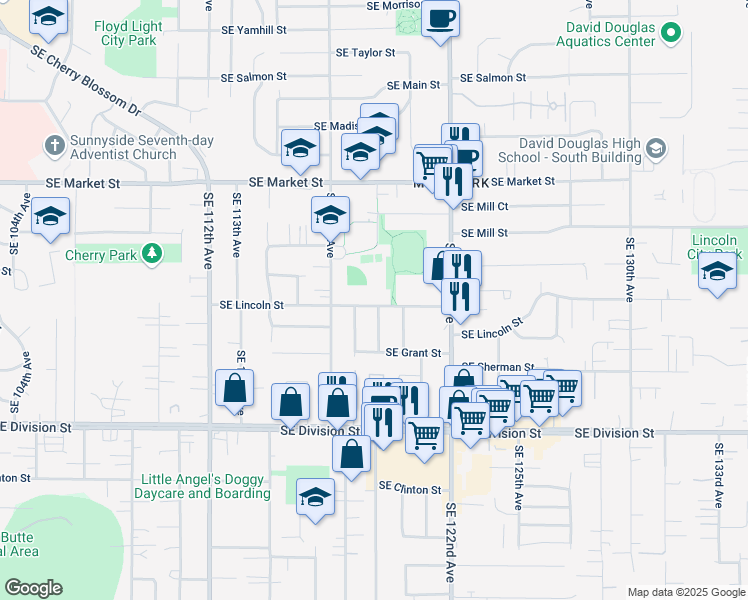 map of restaurants, bars, coffee shops, grocery stores, and more near 11835 Southeast Lincoln Street in Portland