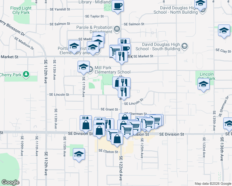 map of restaurants, bars, coffee shops, grocery stores, and more near 1943 Southeast 122nd Avenue in Portland