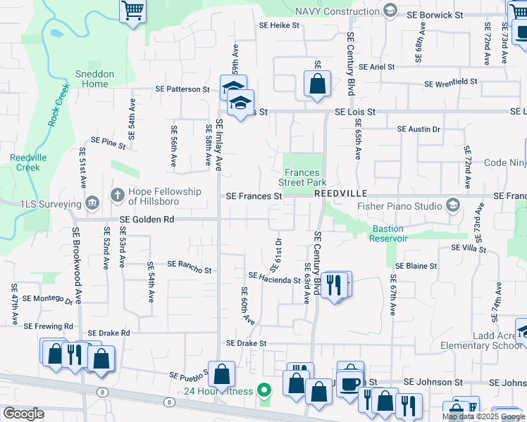 map of restaurants, bars, coffee shops, grocery stores, and more near 1532 Southeast 60th Court in Hillsboro