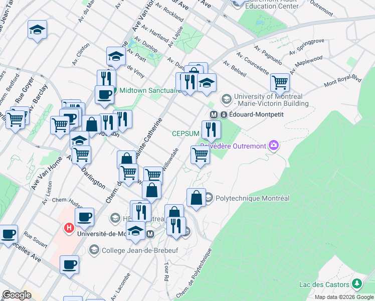 map of restaurants, bars, coffee shops, grocery stores, and more near 2211 Boulevard Edouard-Montpetit in Montréal
