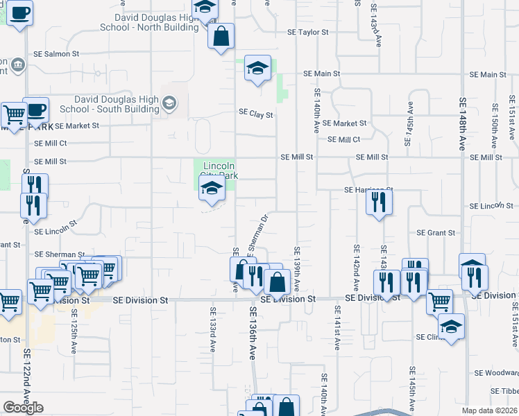 map of restaurants, bars, coffee shops, grocery stores, and more near 13614 Southeast Harrison Court in Portland