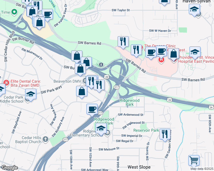 map of restaurants, bars, coffee shops, grocery stores, and more near 9900-10028 SW Sunset Hwy in Portland