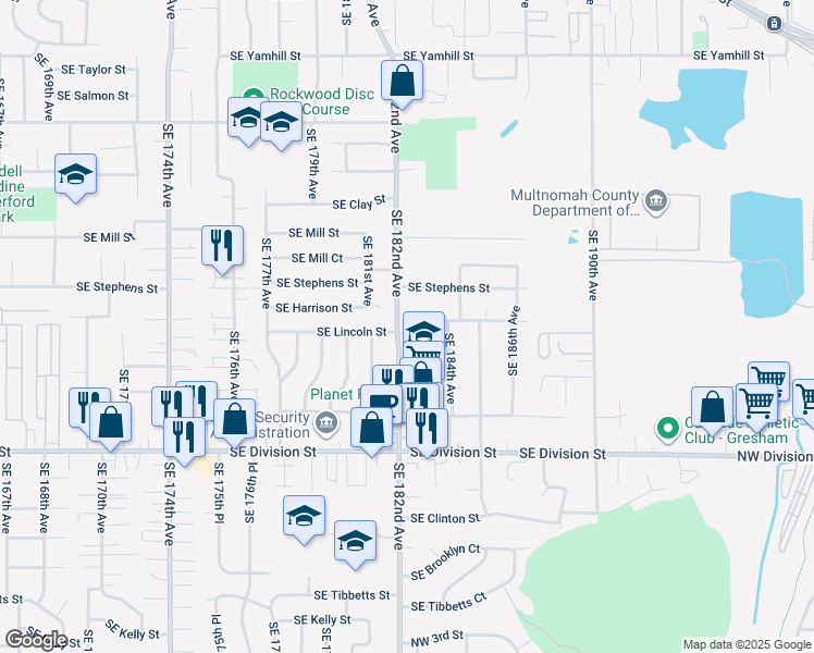 map of restaurants, bars, coffee shops, grocery stores, and more near 1954 Southeast 182nd Avenue in Portland