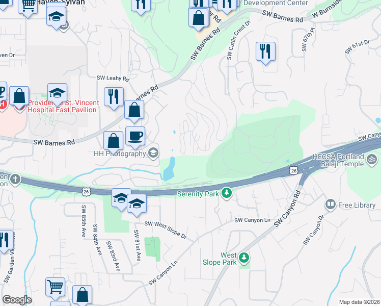 map of restaurants, bars, coffee shops, grocery stores, and more near 7740 Southwest Barnes Road in Portland