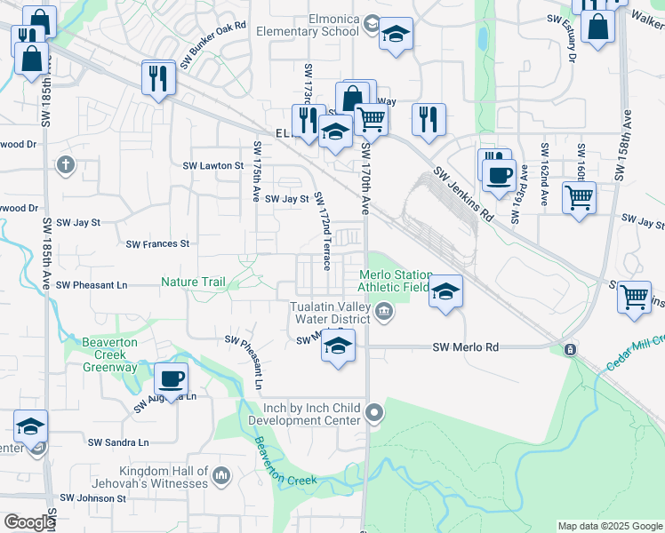 map of restaurants, bars, coffee shops, grocery stores, and more near 1602 Southwest 171st Terrace in Beaverton