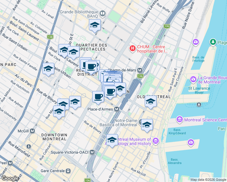 map of restaurants, bars, coffee shops, grocery stores, and more near Rue De la Gauchetière Ouest in Montréal