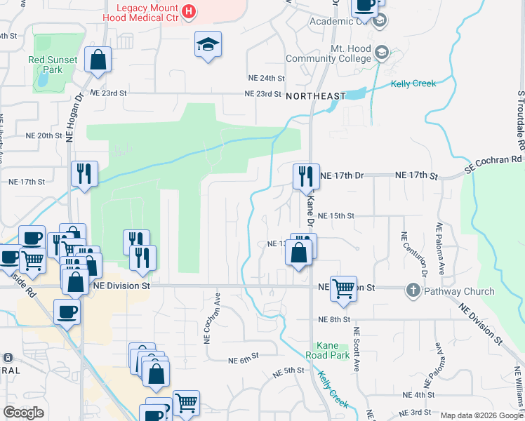 map of restaurants, bars, coffee shops, grocery stores, and more near 2941 Northeast 13th Street in Gresham