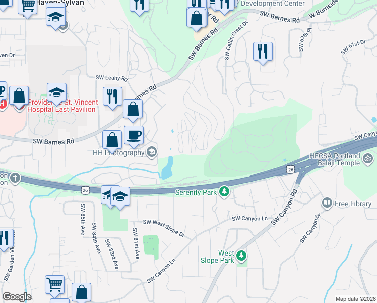 map of restaurants, bars, coffee shops, grocery stores, and more near 7740 Southwest Barnes Road in Portland