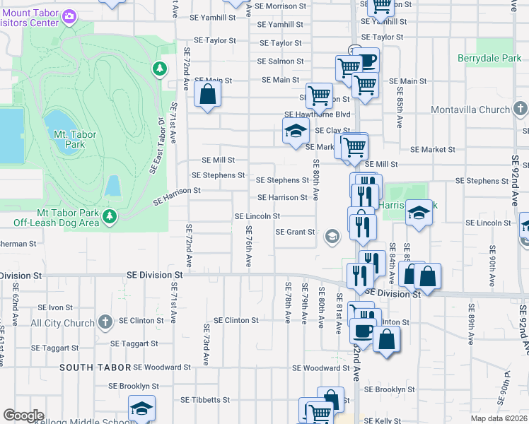 map of restaurants, bars, coffee shops, grocery stores, and more near 7645 Southeast Lincoln Street in Portland